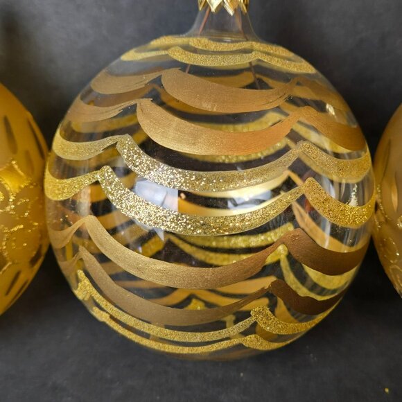 Gold Glass Christmas Ornaments Set of 3 Hand Painted Glitter 4" Holiday Decor - Picture 3 of 9